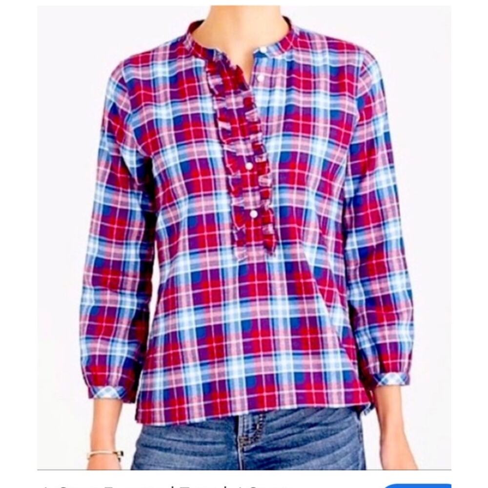 J.Crew Mercantile Plaid Ruffle Popover Top Women’s Red Blue Cotton Blouse SM